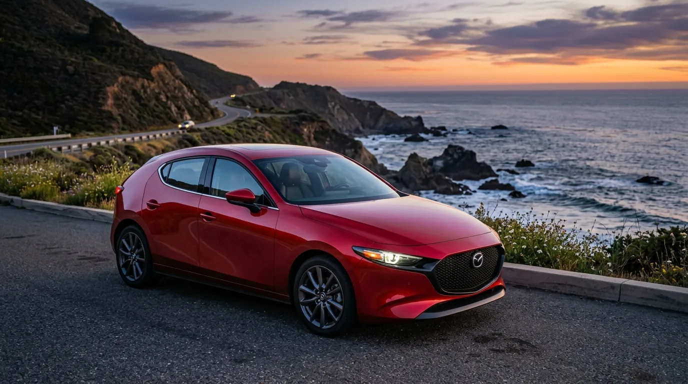 Red modern compact hatchback car parked on a scenic coastal roadway at dusk.