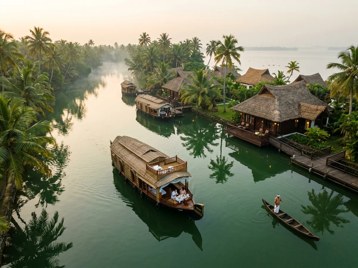 Thatched luxury villas and wooden houseboats along emerald water canals in Kerala.