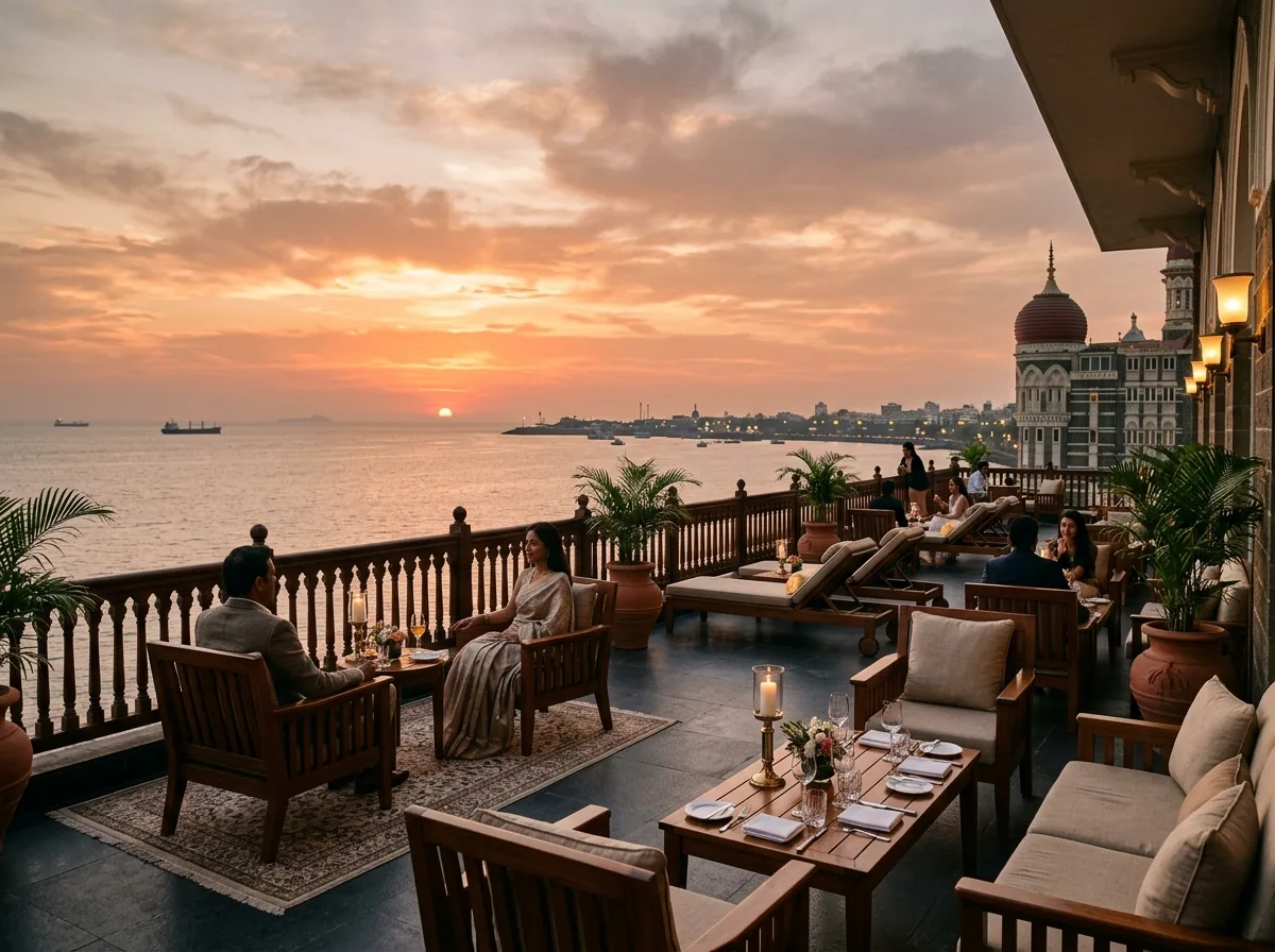 Waterfront luxury hotel terrace in Mumbai with panoramic sunset views over the Arabian Sea.